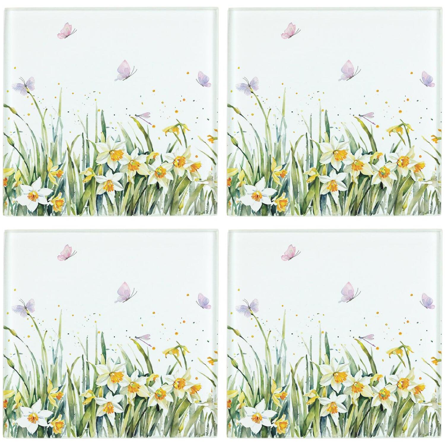 Purely Home Daffodil Coaster Set - Square Glass Spring Time Flowers - Set Of 4 Coasters - Multi