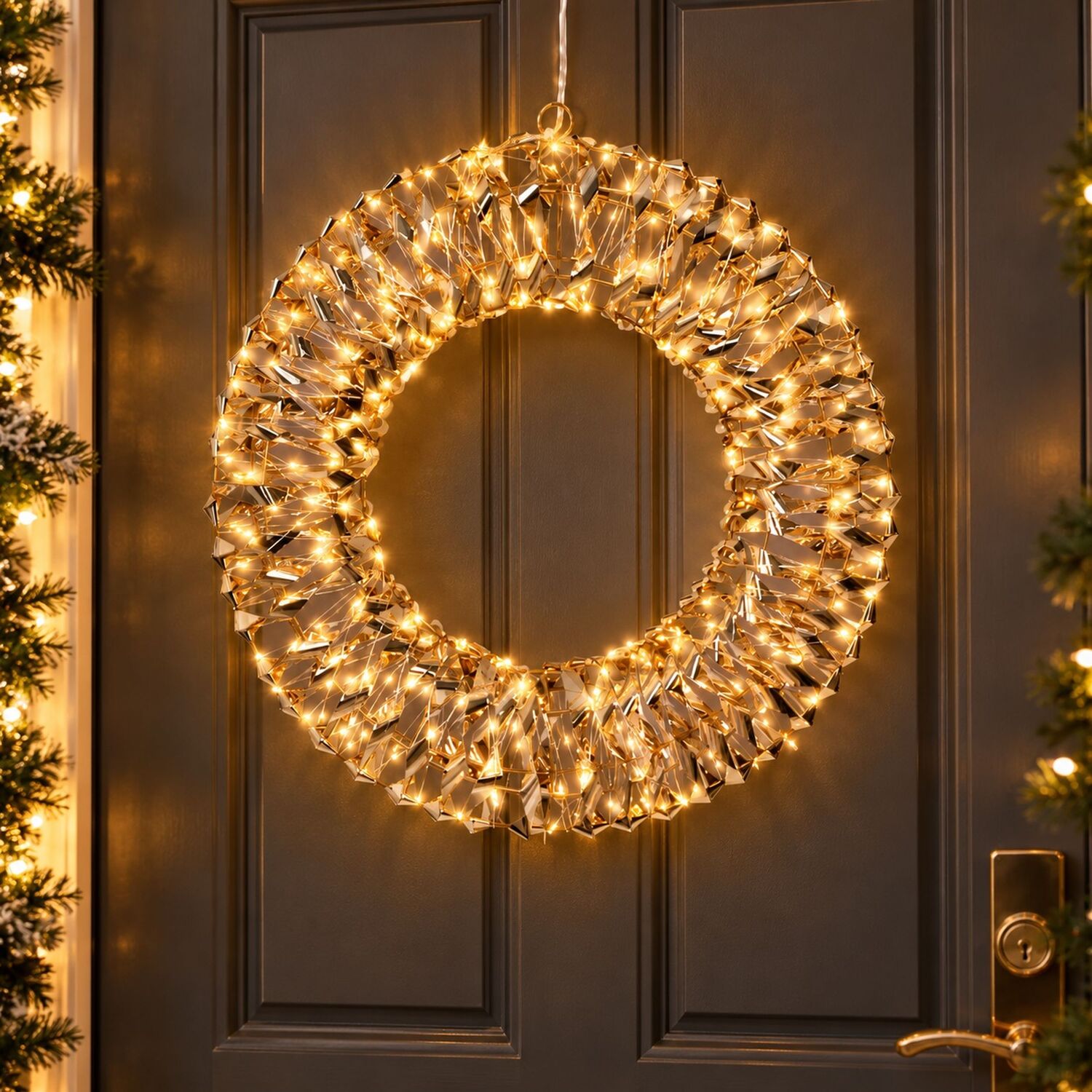 Light Up Christmas Wreath 38cm Gold Metal Hanging Decor 400 Warm White Micro LED - Image 3