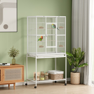 PawHut Rolling Bird Cage w/ Detachable Stand Storage Shelf Wood Perch, White