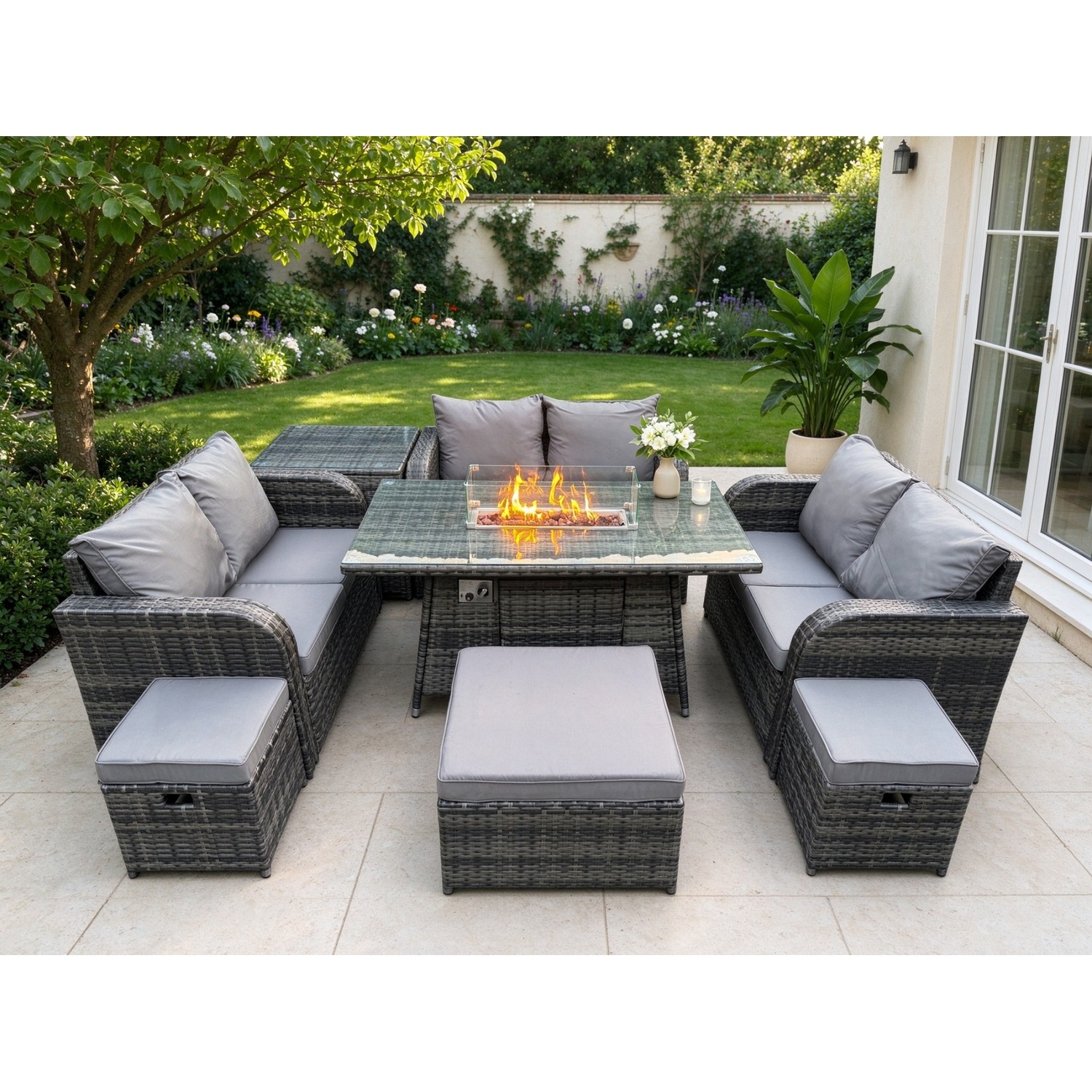 Rackhams Dark/Grey 9 Seater Outdoor Rattan Furniture Garden Dining Set Gas Fire Pit Table With Side Table Love Sofa 3 Footstools Mixed - Image 2