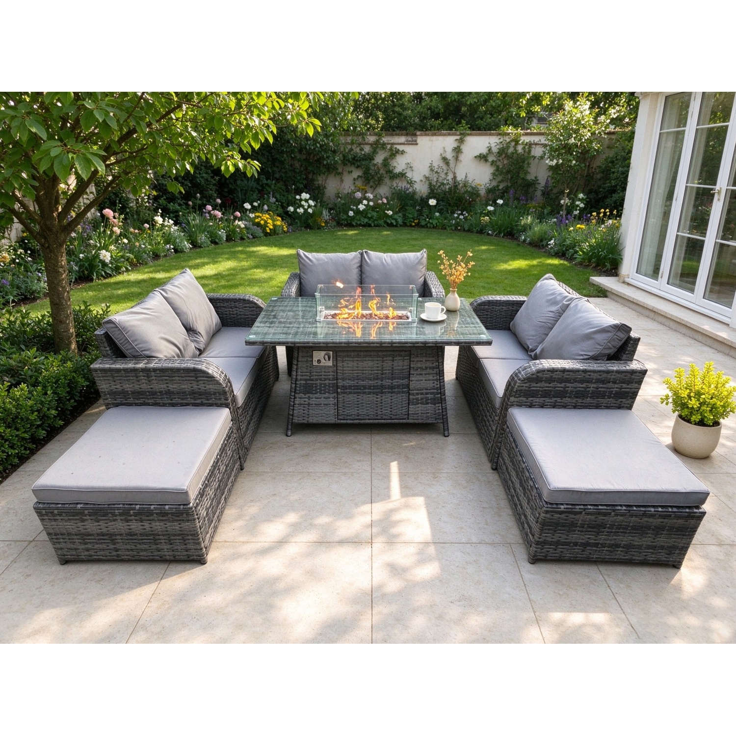 Fimous 8 Seater Rattan Outdoor Garden Furniture Sofa Set Gas Fire Pit Dining Table Gas Heater With Love Sofa 2 Big Footstool - Image 3