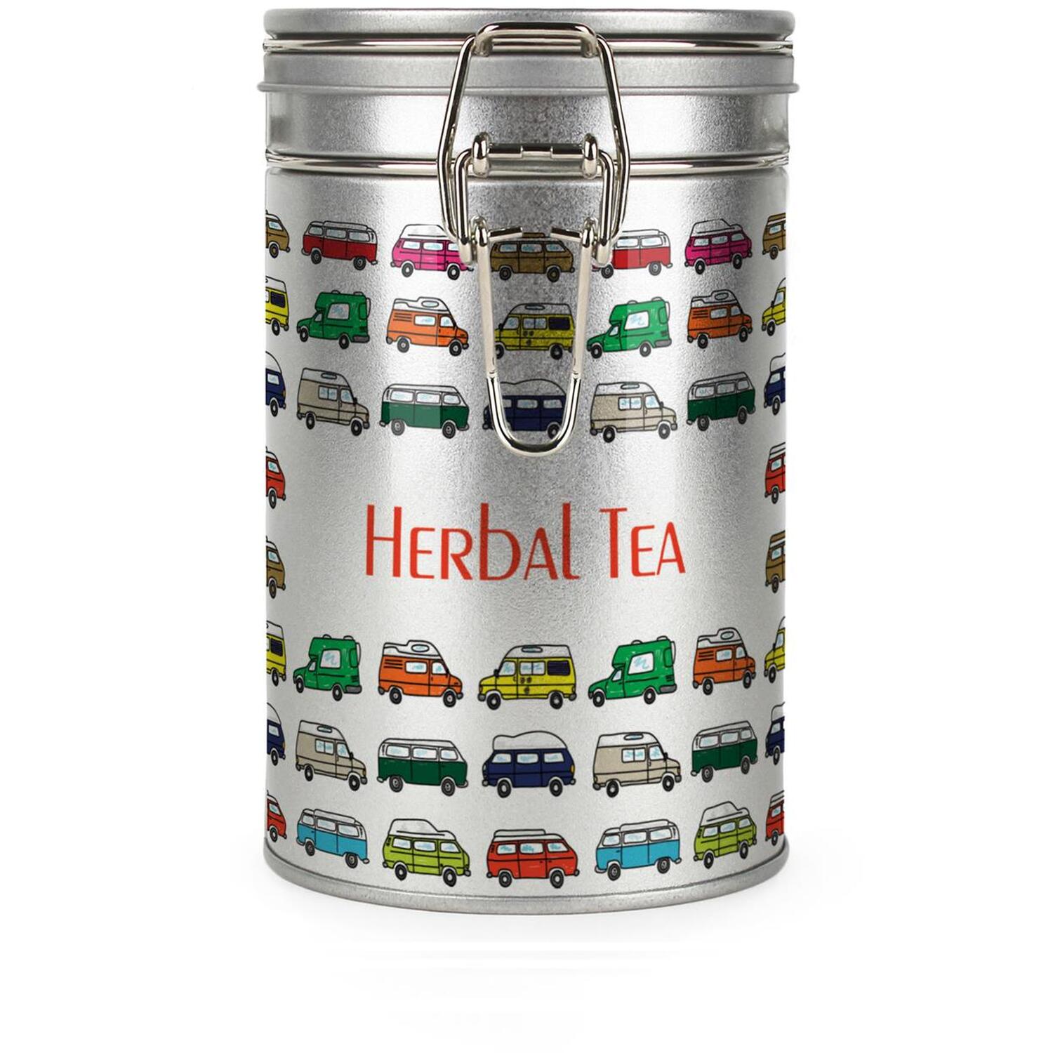 Purely Home Campervans Herbal Tea Canister - Silver Metal Kitchen Storage Container - Multicoloured