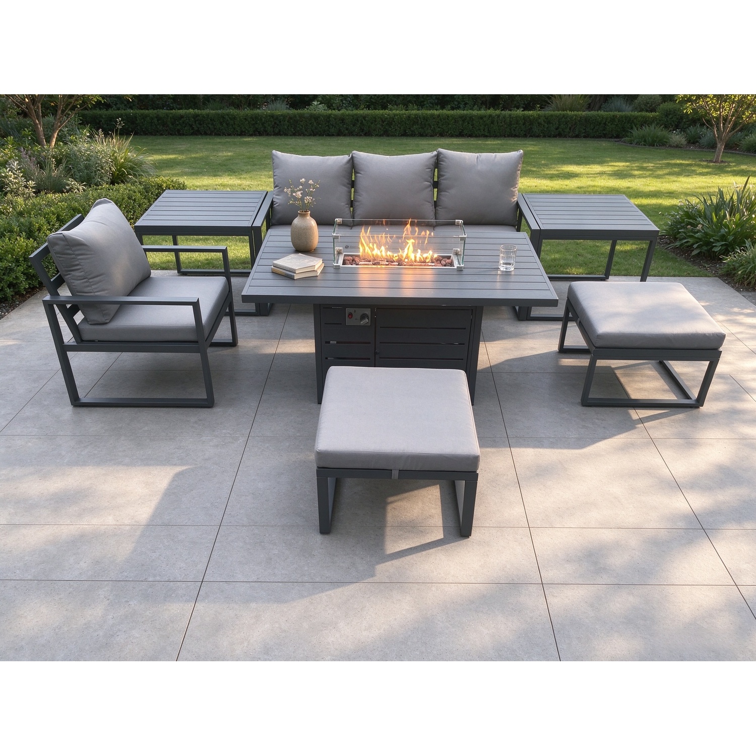 Fimous Unisex Dark Grey Aluminium Pieces Garden Furniture Sofa Set With Cushions Gas Fire Pit Dining Table Set With 2 Big Footstools 2 Side Tables Size 7 - Image 2