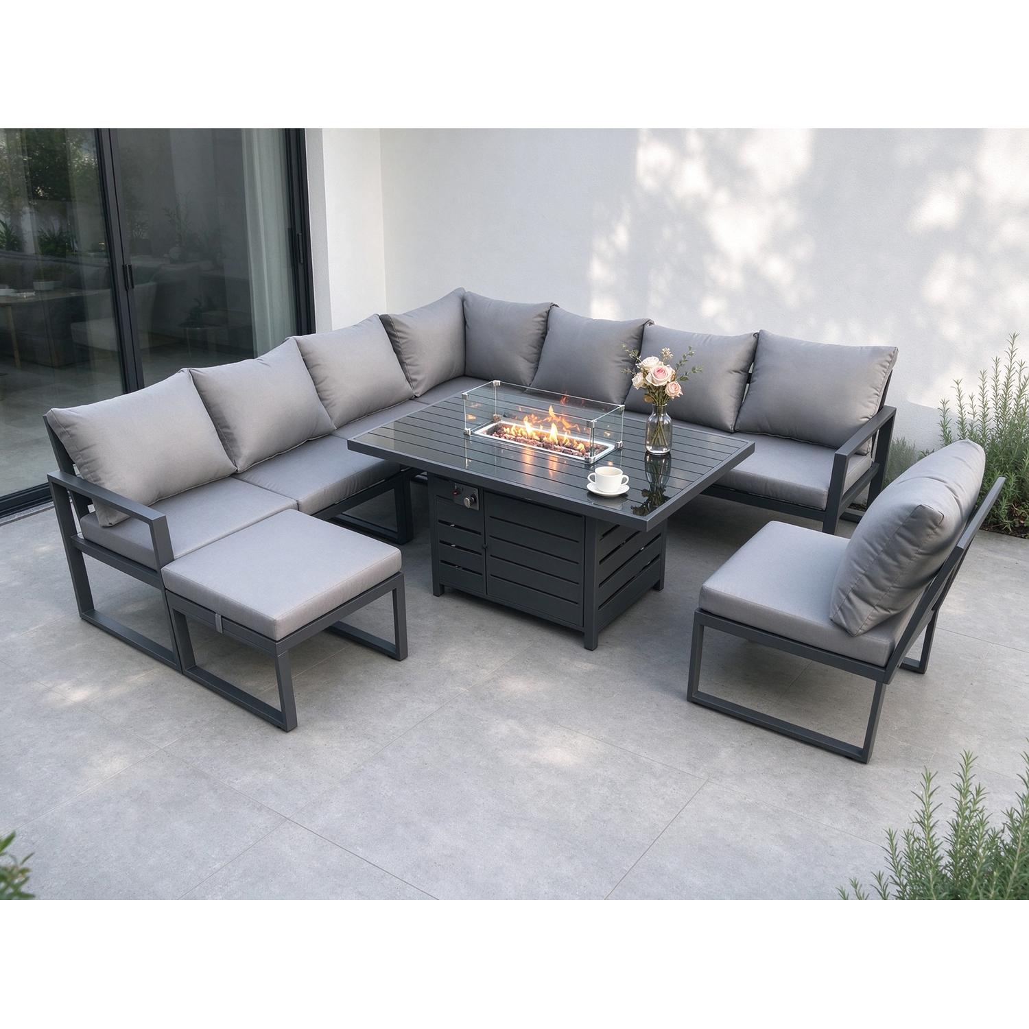 Fimous Unisex Dark Grey Aluminium Lounge Corner Sofa Outdoor Garden Furniture Sets Gas Fire Pit Dining Table Set With Big Footstool Size 9 - Image 2