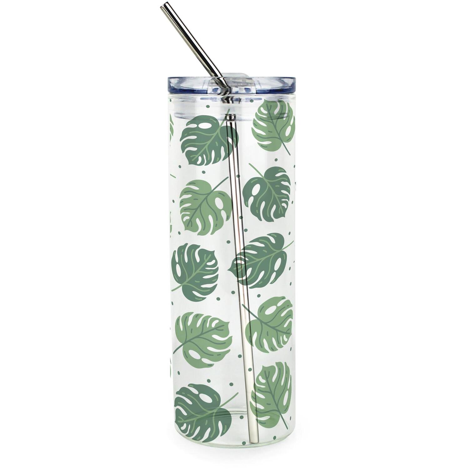 B&Q -  Monstera Spots Clear Glass Travel Flask With Straw - Image 3