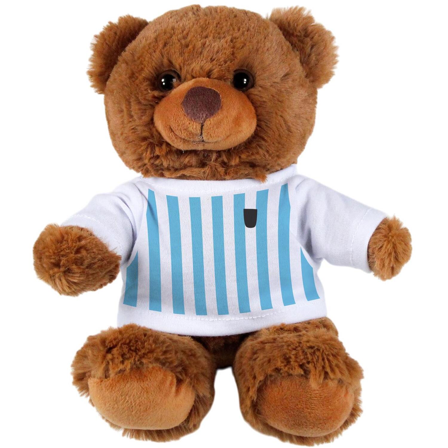 Football Teddy Bear - Dark Brown Bear Gift with Sky Blue & White T-Shirt - Image 2
