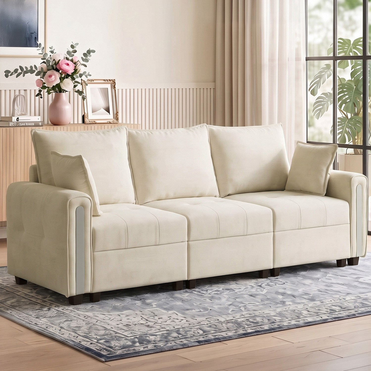 Homcom Beige 3 Seater Sofa With Lift-Up Storage, 228 Cm Velvet Couch, - Image 2
