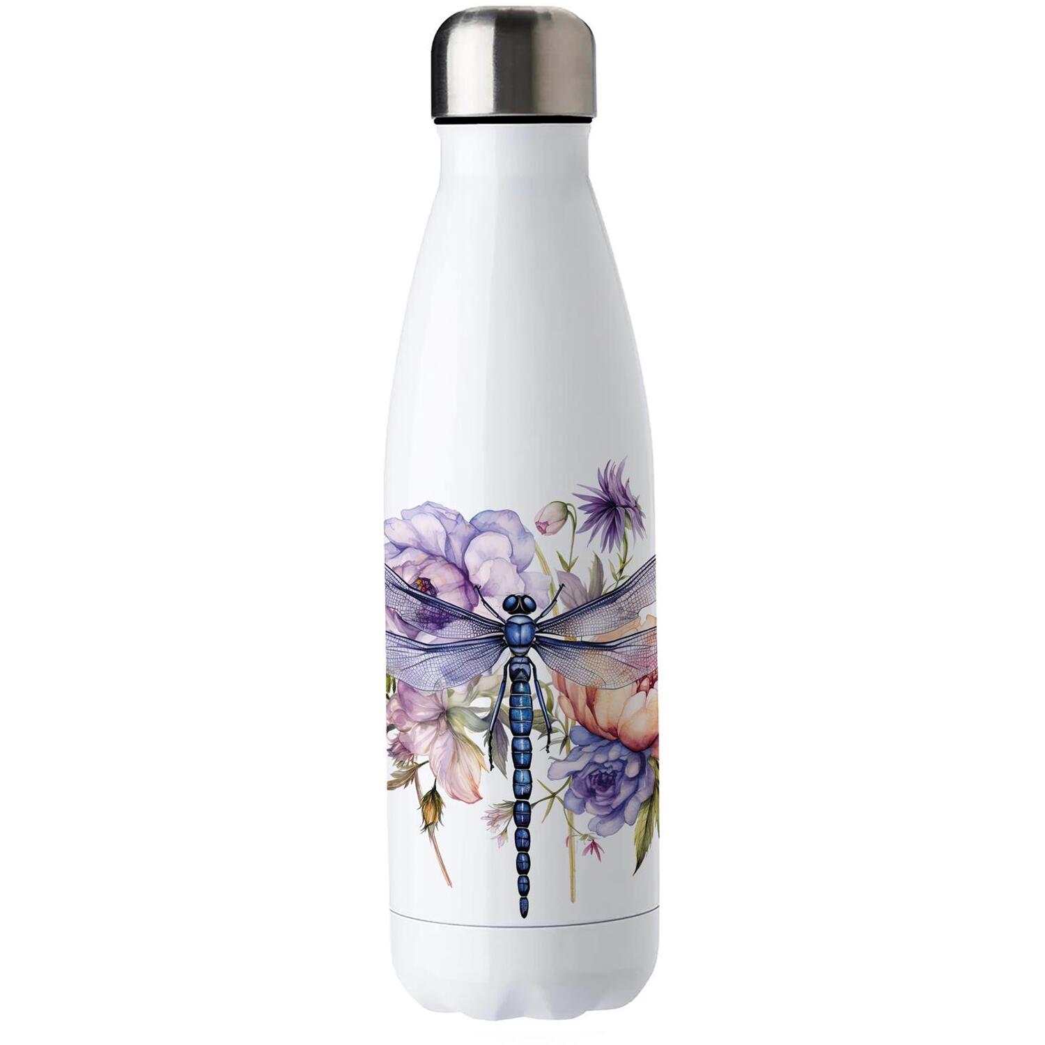 B&Q - Dragonfly Stainless Steel Water BottlePretty Purple Insects Floral PresentsDouble Walled 500Ml Metal Hot/cold Drinks Bottle - Image 3
