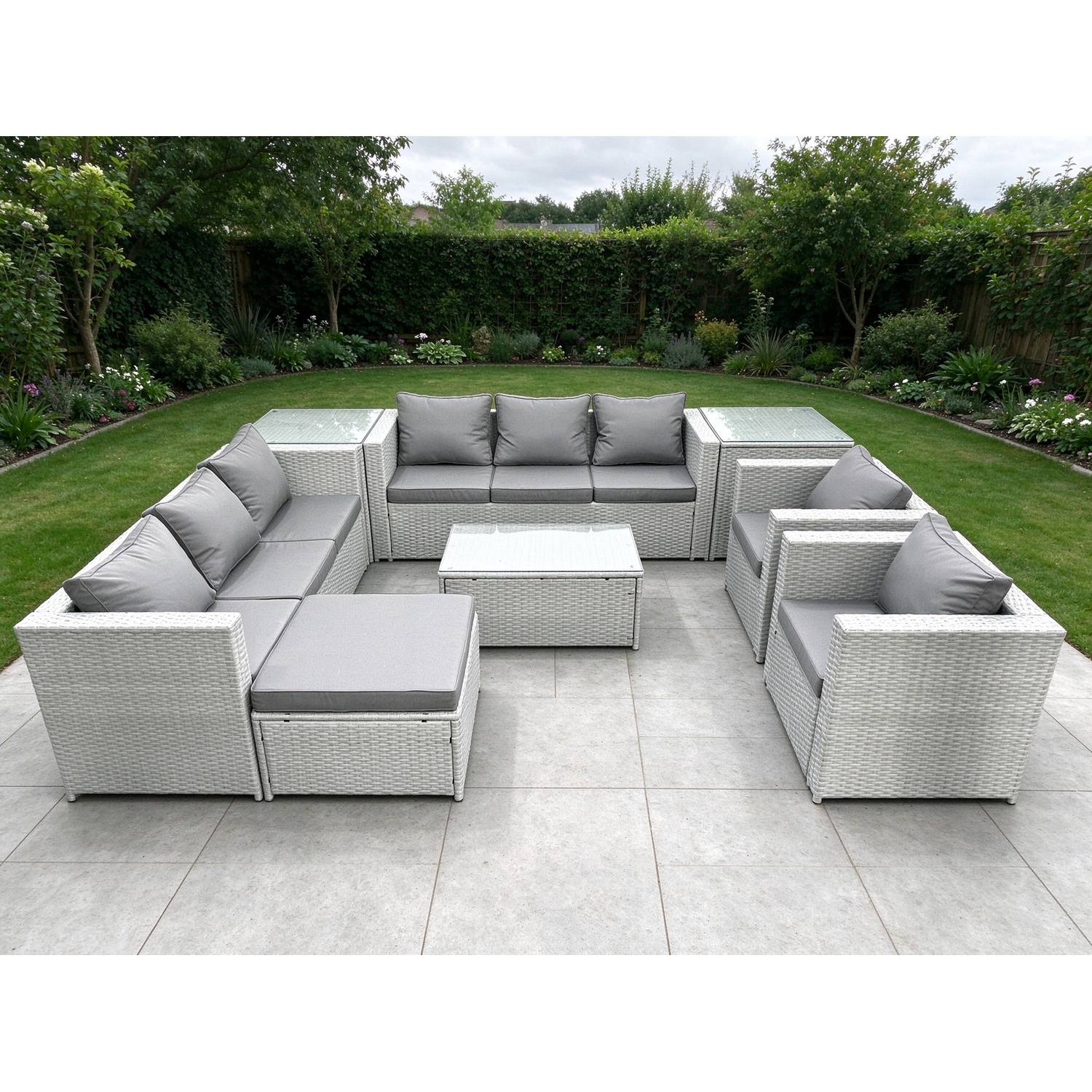 Fimous Light/Grey Outdoor Pe Rattan Garden Furniture Set Wicker Sofa Set Rectanguar Coffee Table 2 Armchair 2 Side Table 9 Seat - Image 2
