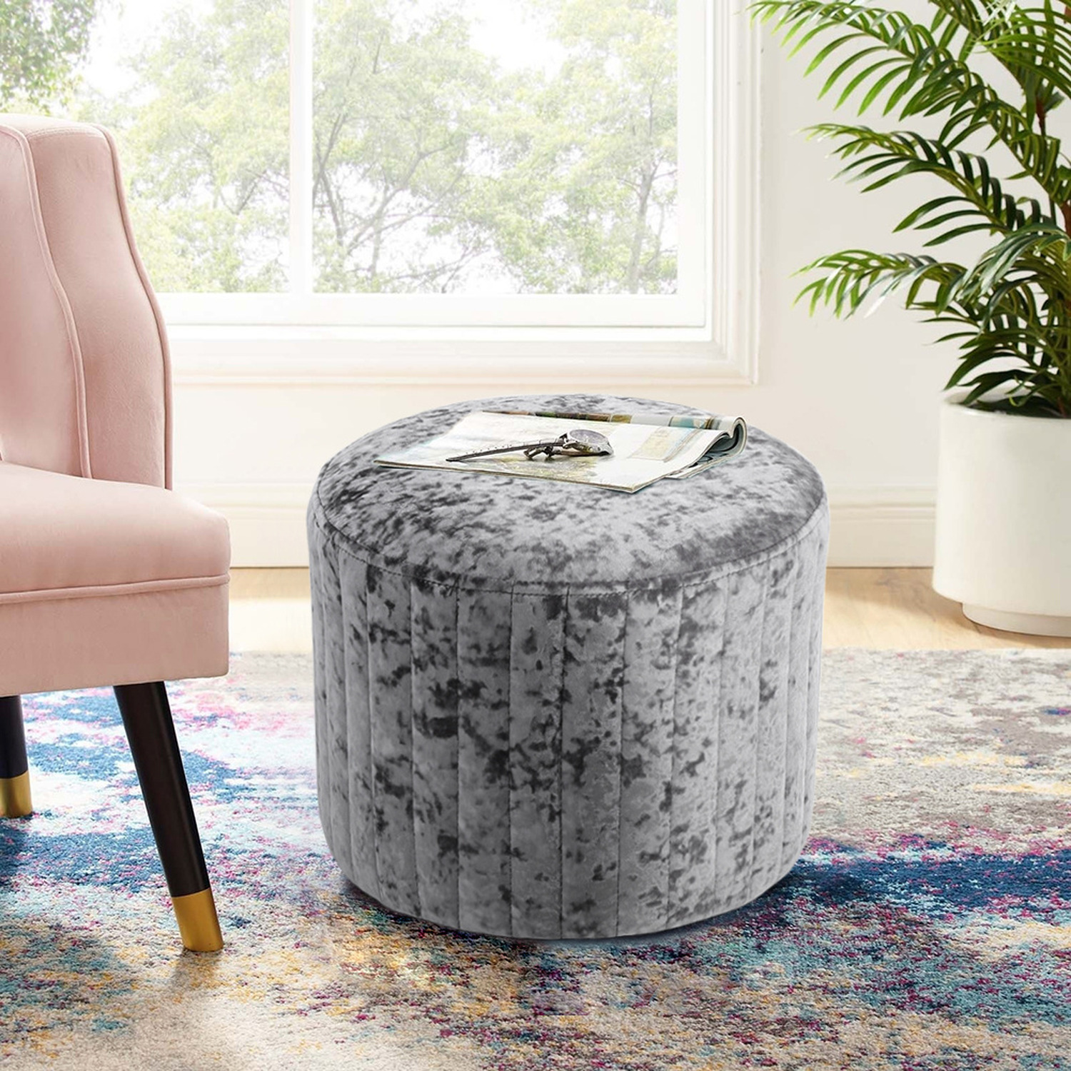 Round Velvet Stool Chair Dressing Table Footstool Furniture - Silver Grey