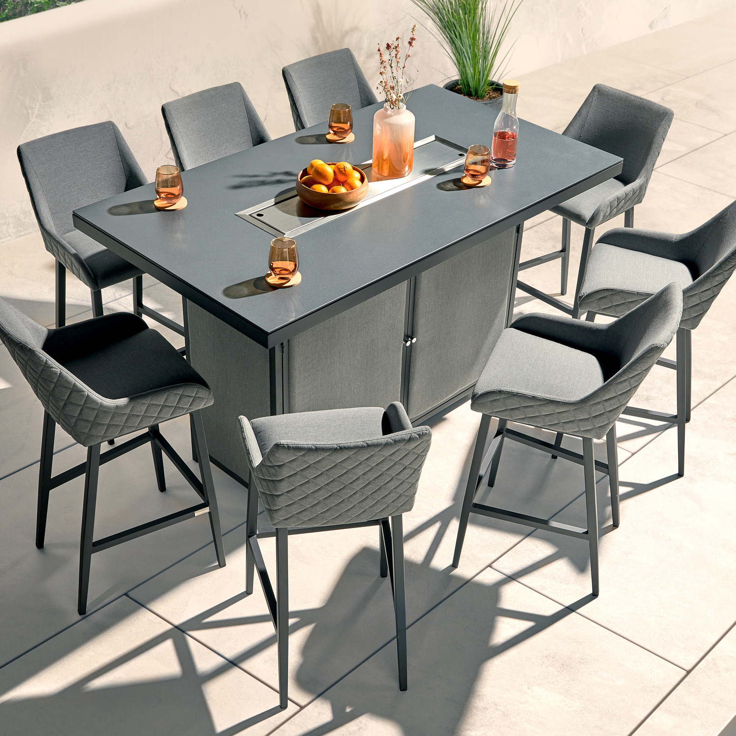 Aruba 8 Seat Bar Stool Set With Fire Pit Table - Grey