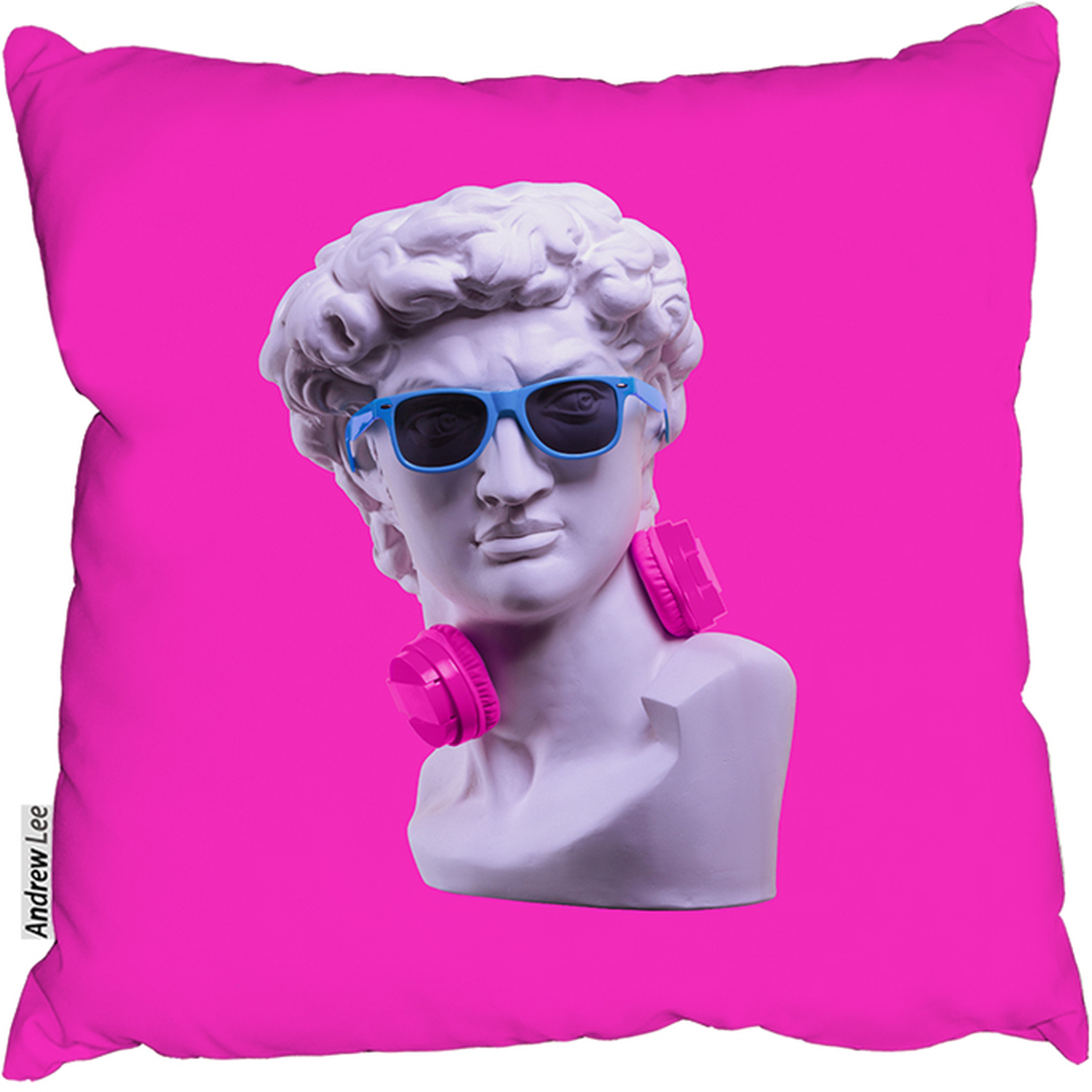 Plaster Statue Of David'S Head In Blue Sunglasses Outdoor Cushion - Pink / 60cm