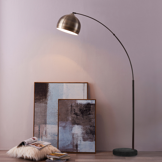  Modern Curved Arc Floor Lamp with Bell Shade and Marble Base, Antique Brass
