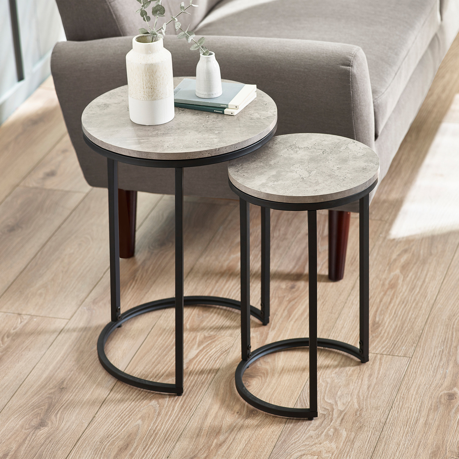 Staten Round Nesting Side Tables - Concrete Effect