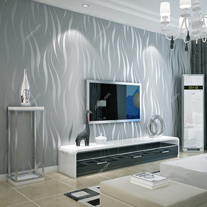 Modern Silver 3D Wave Striped Non Woven Embossed Flocking Wallpaper