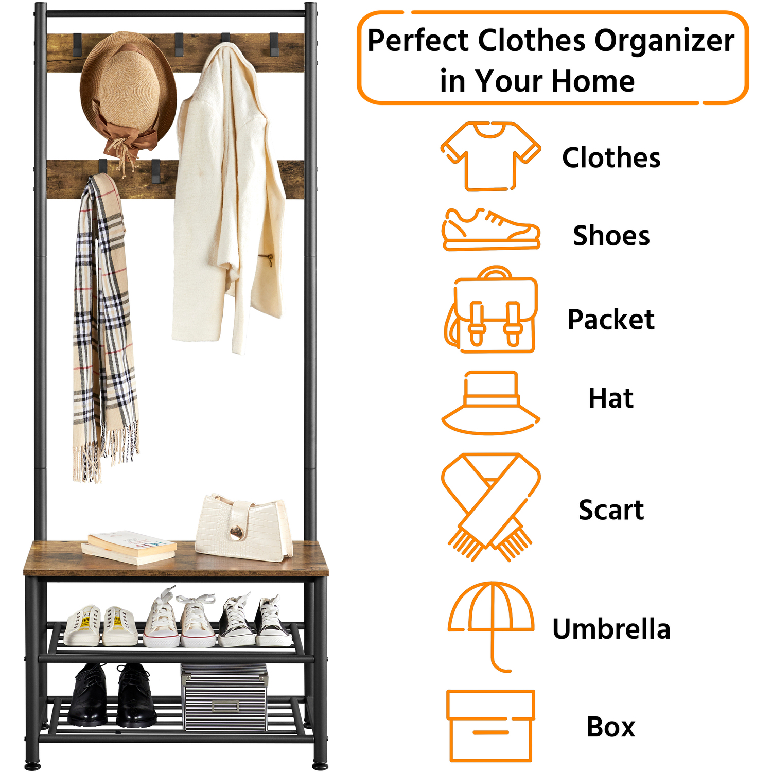 Yaheetech Metal Hall Tree With Shoe Storage Bench - Rustic Brown 72 5cm