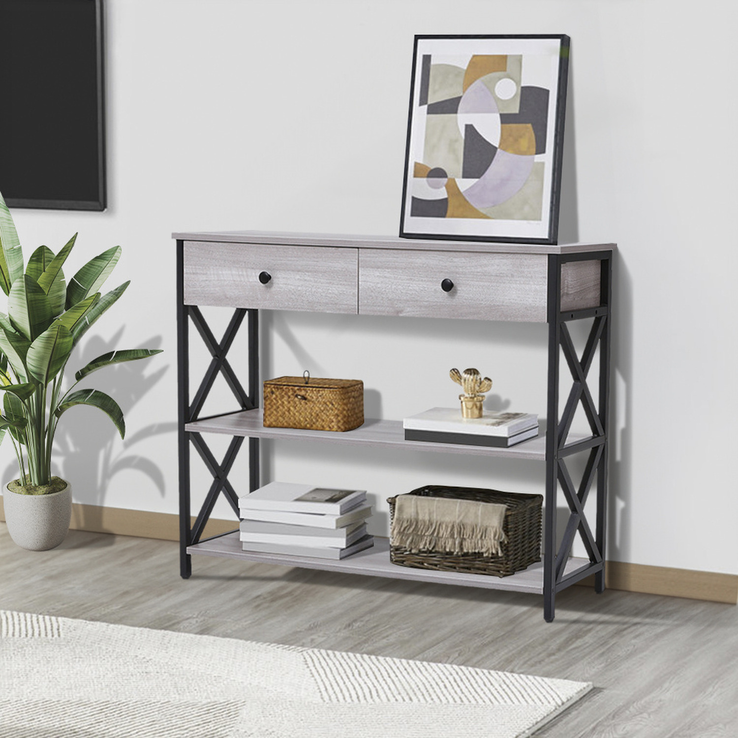 Wooden Console Table With Undershelves And Drawers Hallway Living Room - Grey