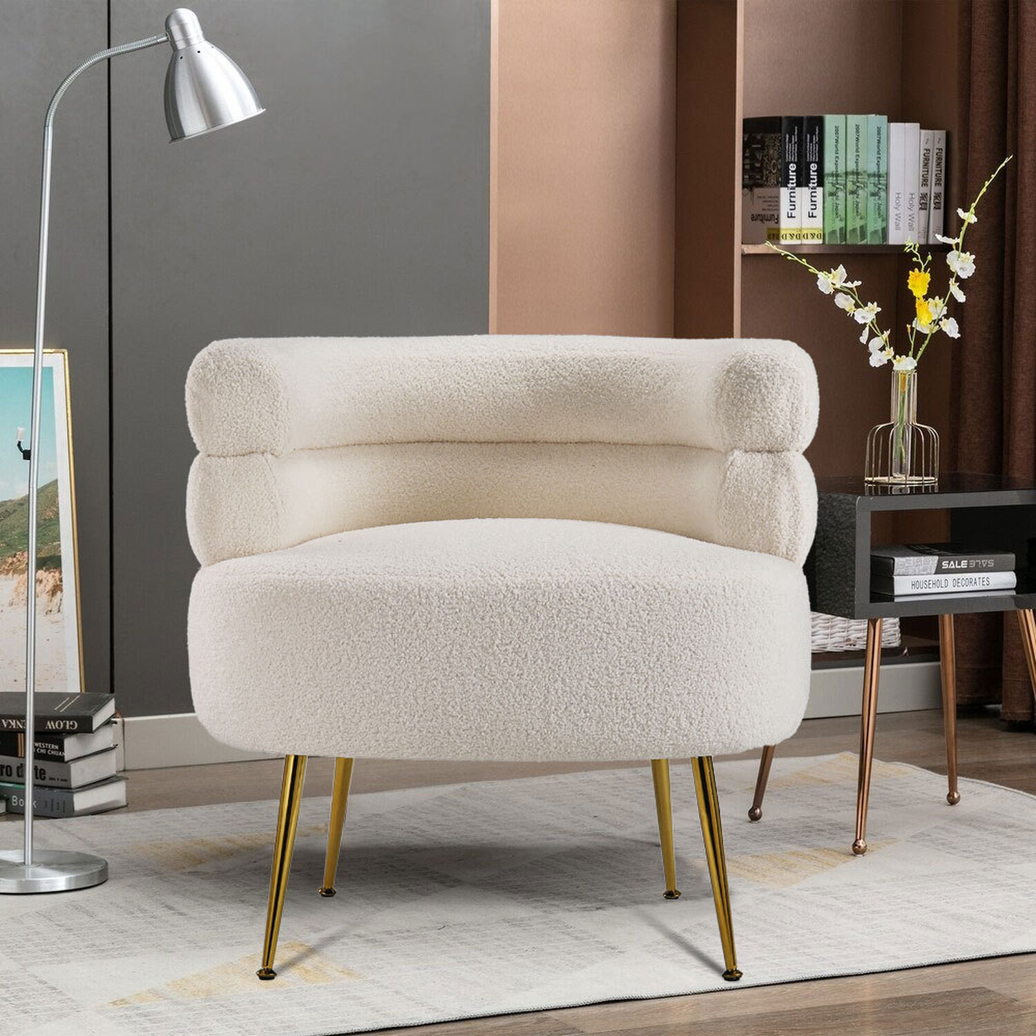 Curved Upholstered Teddy Fur Accent Chair - Off White