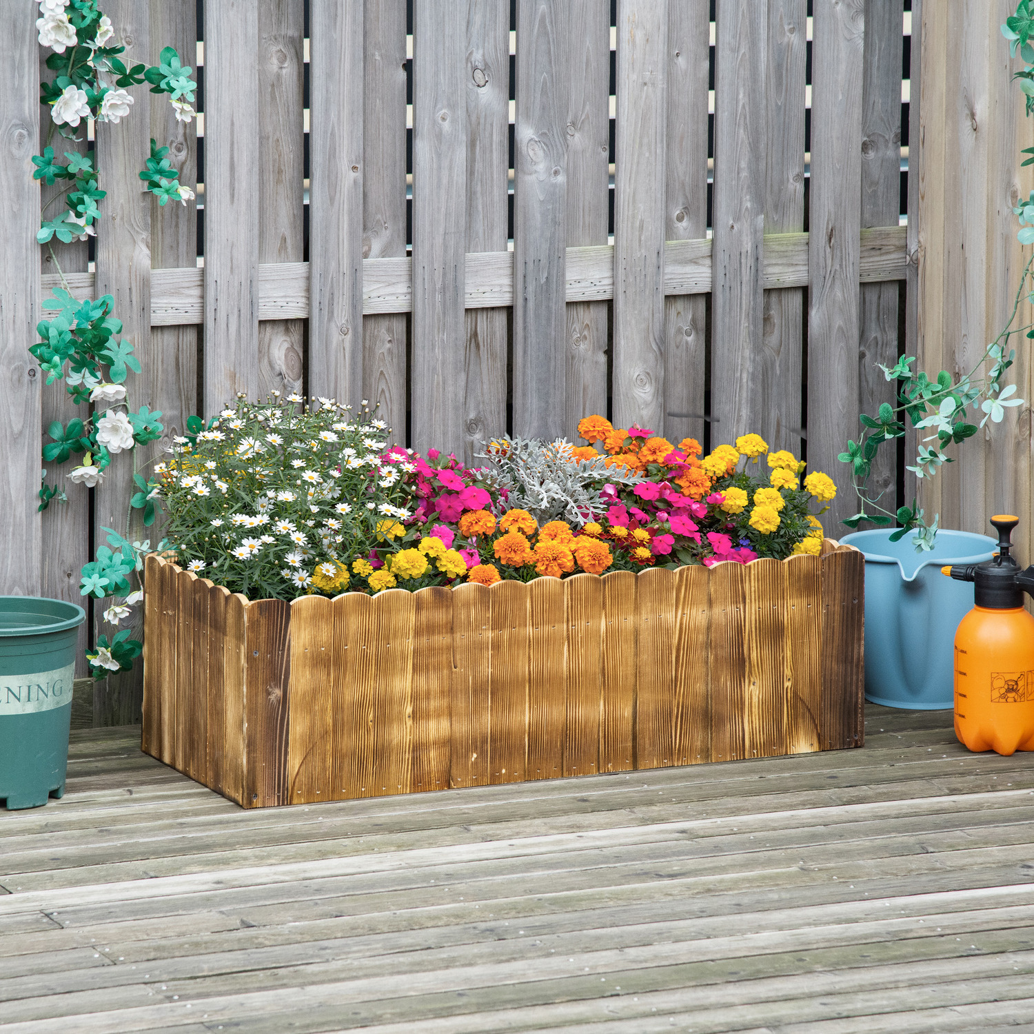 Outsunny Raised Flower Bed Wooden Planter - Natural wood colour / 100cm