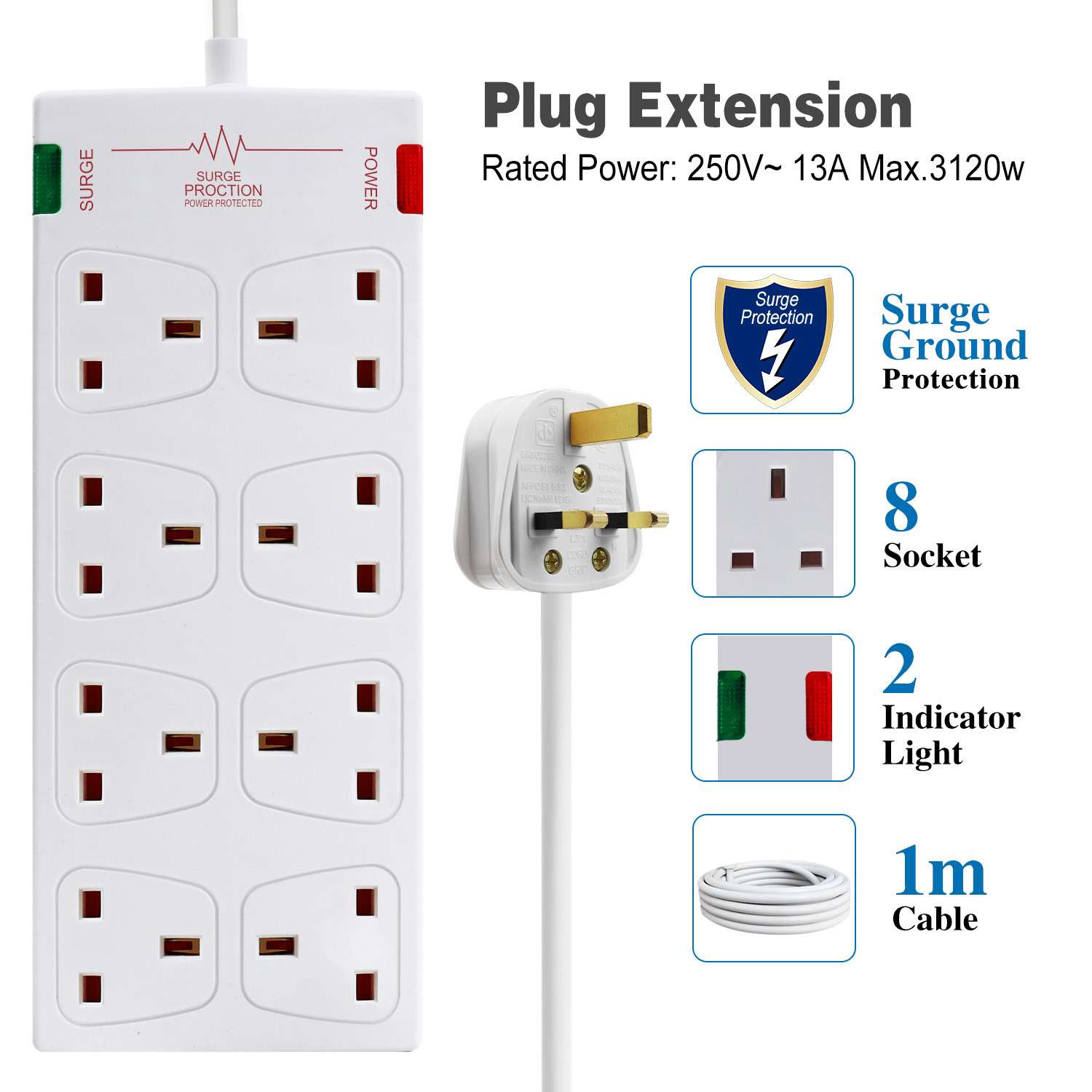 8 Module Power Socket 8 Way Socket with Cable,Power Indicater and Child-Resistant Sockets