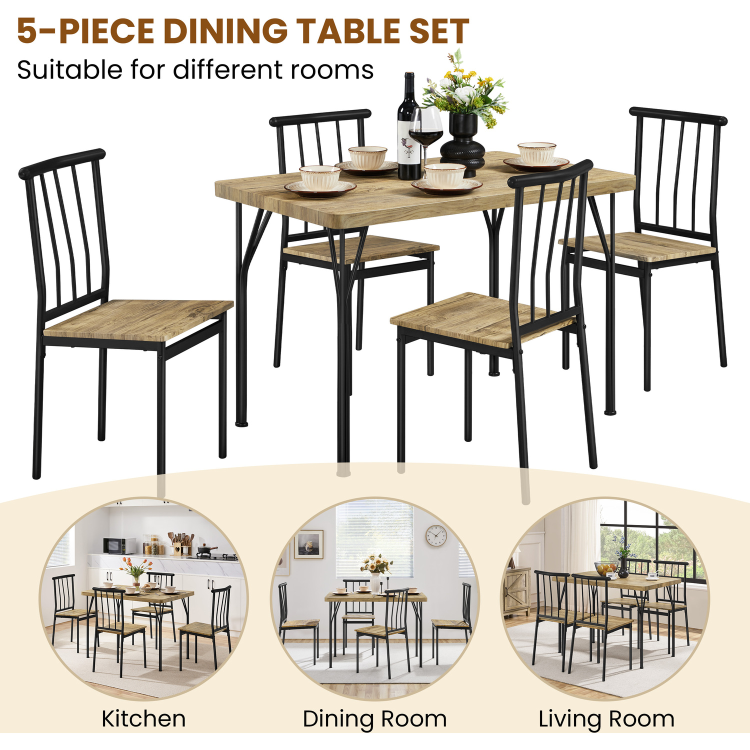 Set Of 5 Rectangular Dining Table Set - Brown