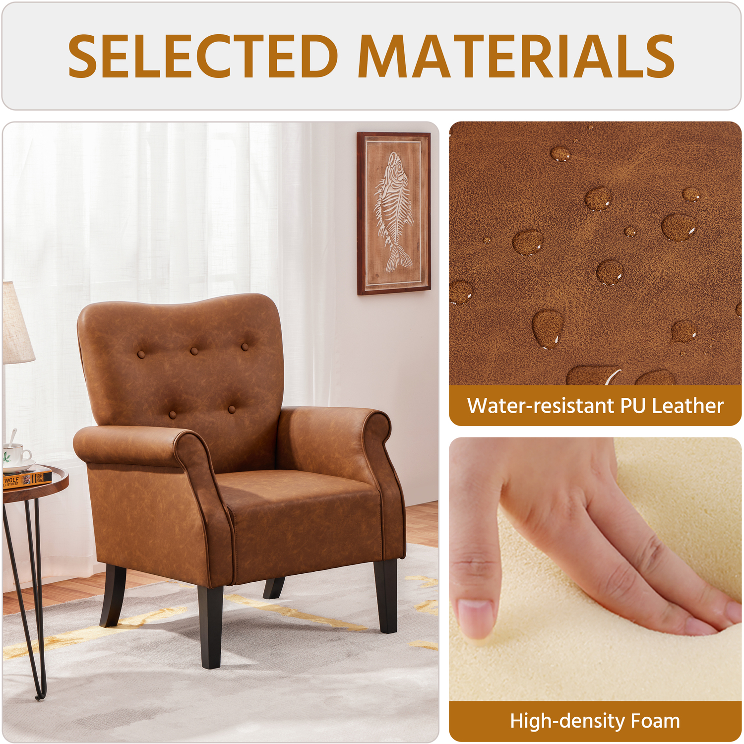 Mid-century Modern Faux Leather Accent Chair With Roll Arms - Retro Brown