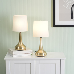 Teardrop Pair of Gold Touch Table Lamps with Shade and Bulbs