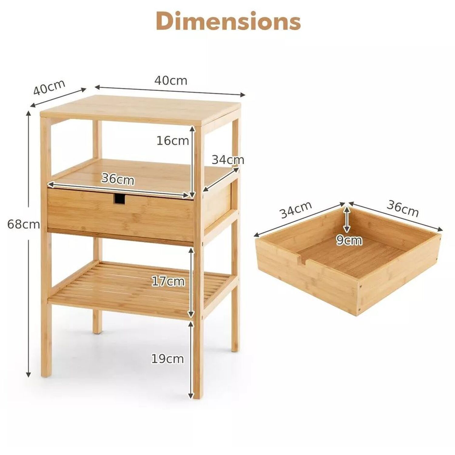 3 Tier Wooden Bedside Tables Set Of 2 - Natural