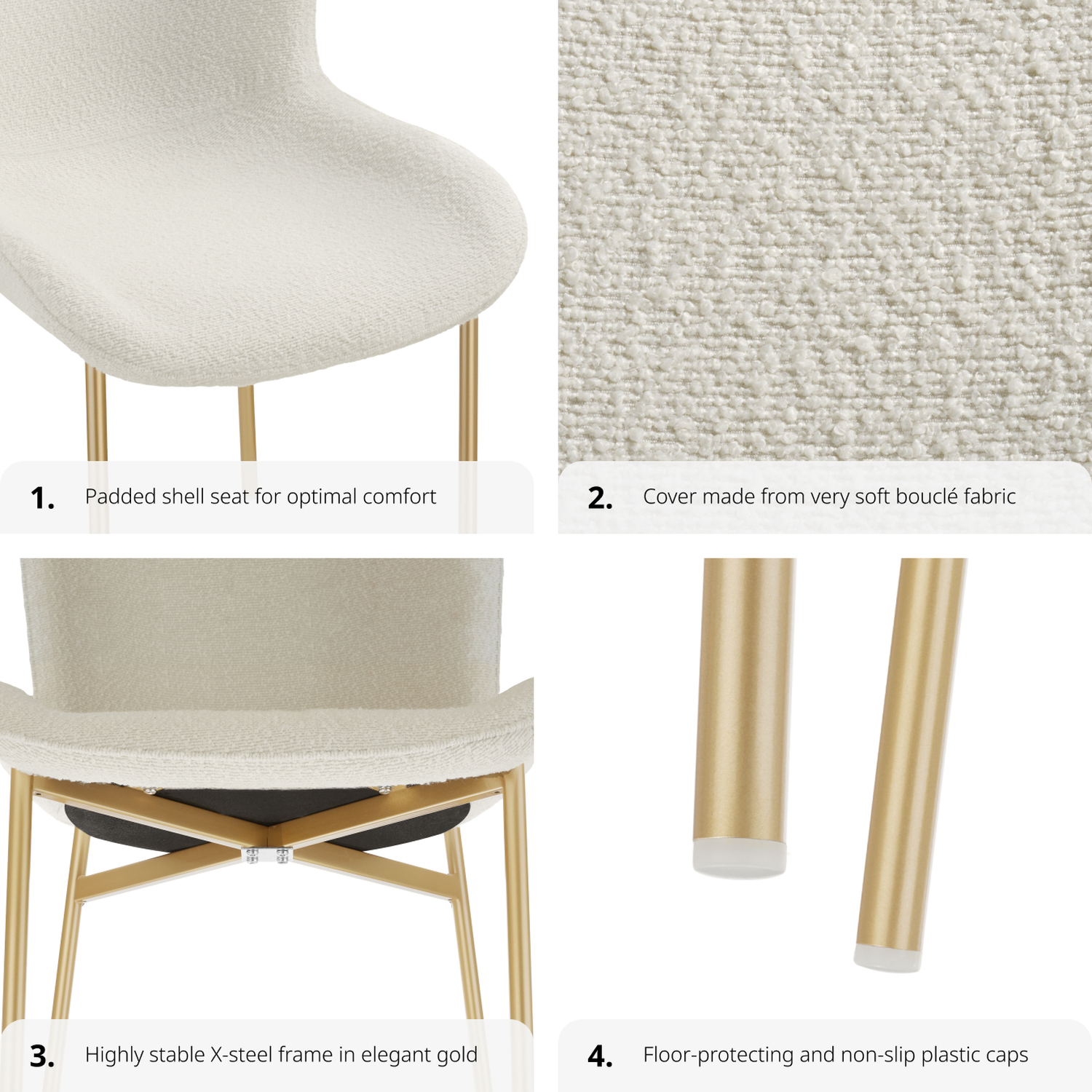 Dining Chair Tessa - Ergonomic High Backrest - Boucle White Gold 2