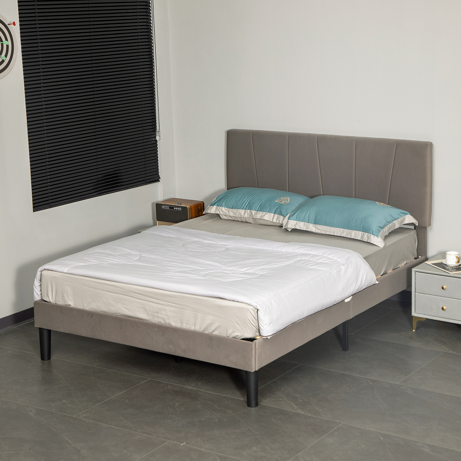 Homcom Velvet Bed Frame With Headboard - Grey Double