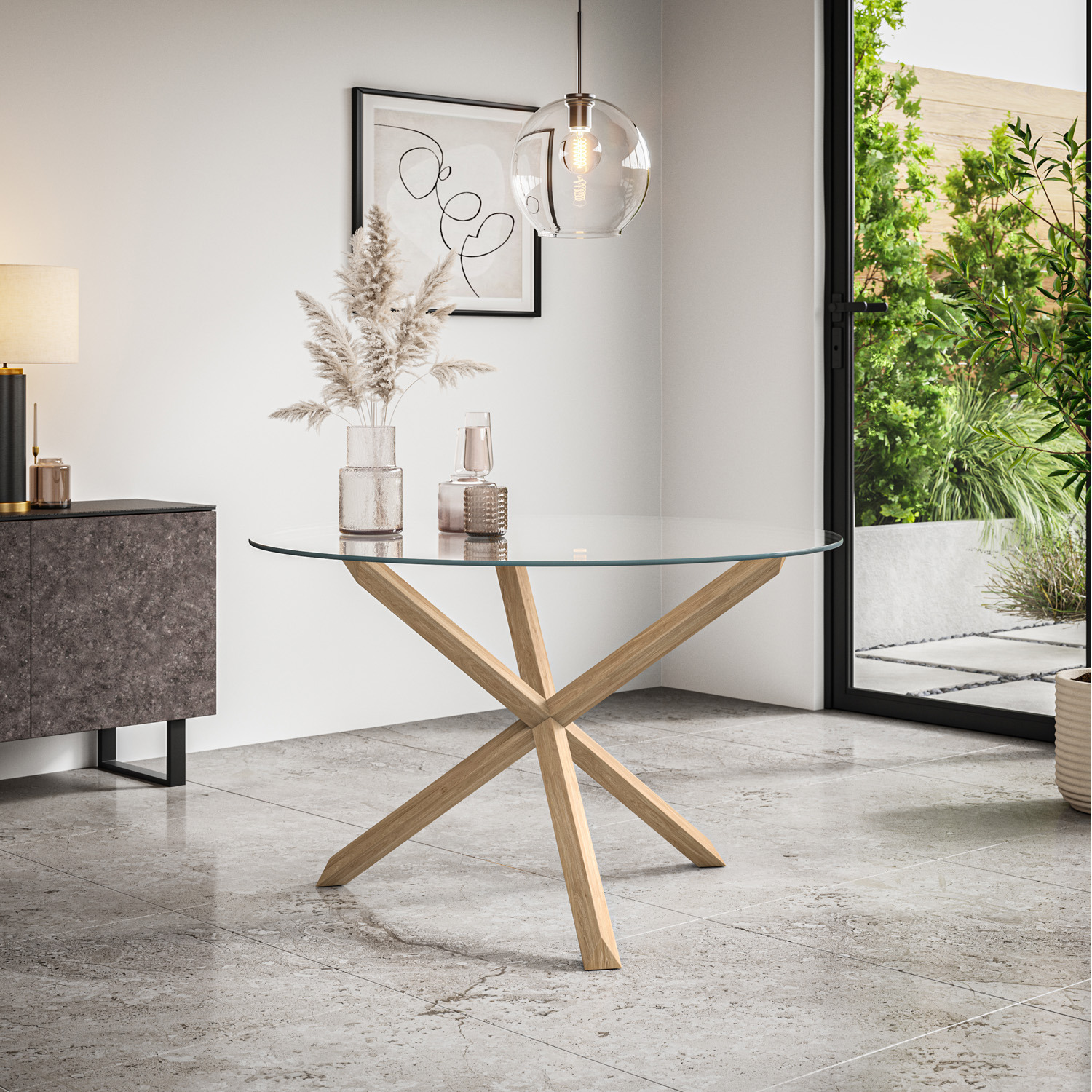 Malvern Round Glass Dining Table Set W Oak Legs W 4-6 Monza Faux Leather Chair - Black 4