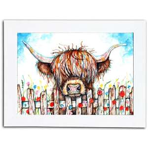 Highland Cow Over the Fence Watercolour Framed Art