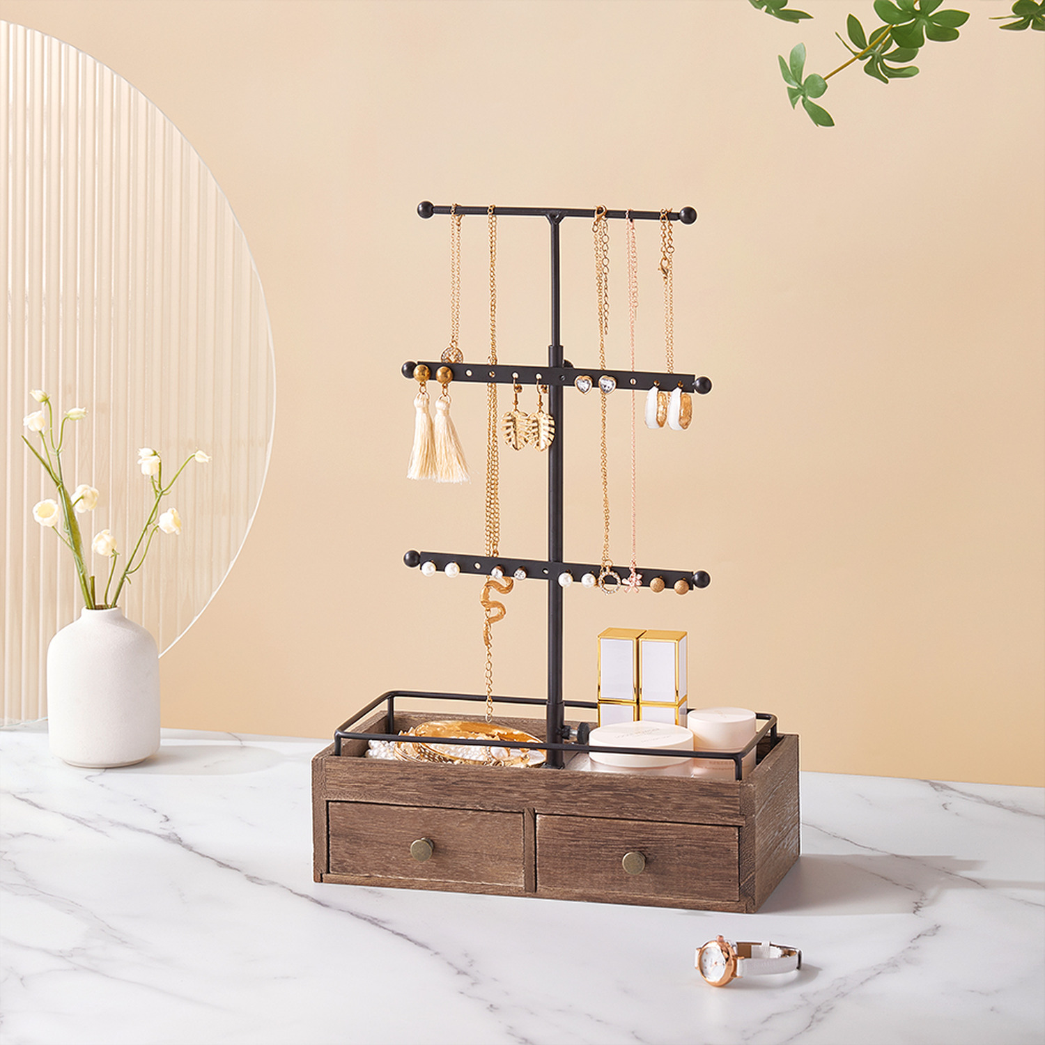 Jewellery Box Retractable Display Stand with Storage Drawers