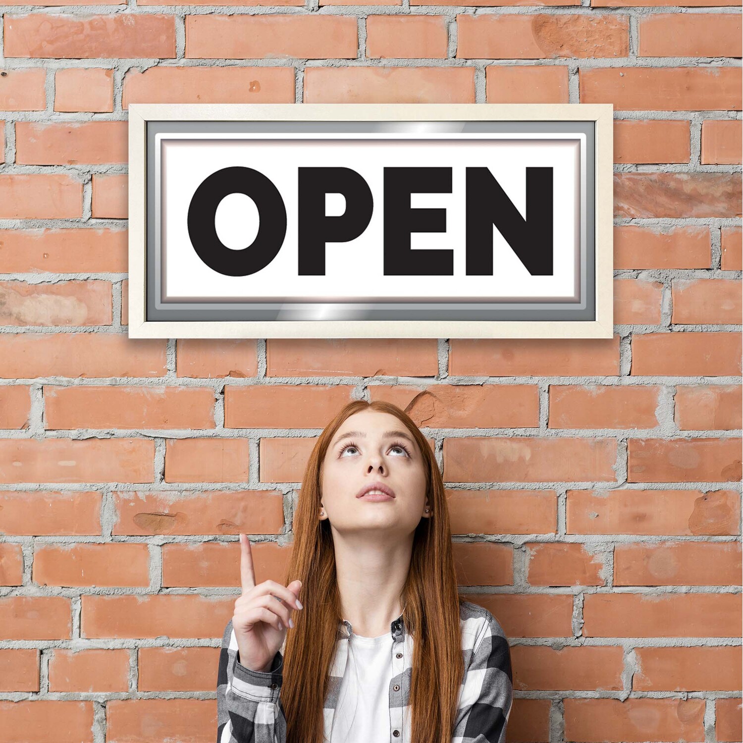Wall Art Framed Print Open Sign - White