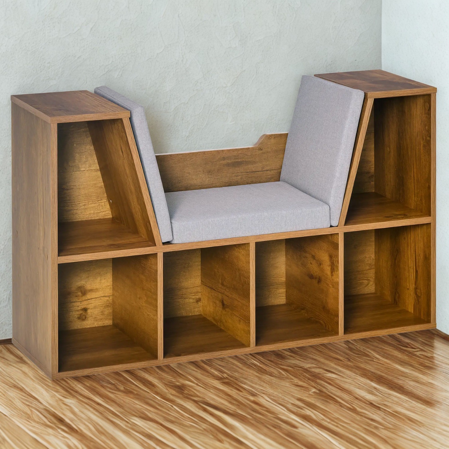 Modern Bookcase Storage Cabinet With Reading Seat - Rustic Brown