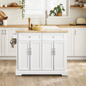 Kitchen Island Storage Trolley with Extendable Rubber Wood Worktop