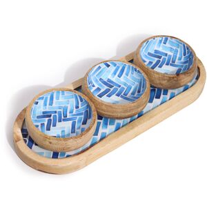 Mango Wood Tray with 3 Bowls Stripes