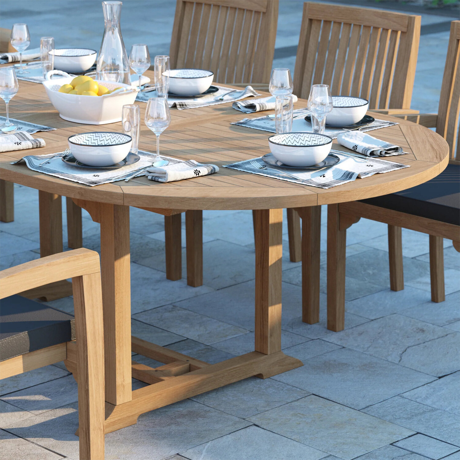 Genoa Teak Garden Dining Table And 8 Seat Chair Set - Teak Table 6 Chairs 2 Benches Black Cushions