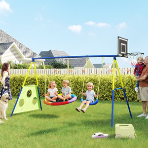 AIYAPLAY 4-in-1 Swing Set Saucer Hoop Football Goal Kids Outdoor