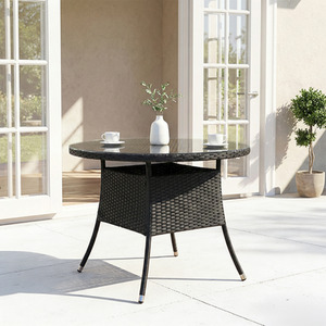 Breeins Round Rattan Garden Table with Tempered Glass Top and Parasol Hole