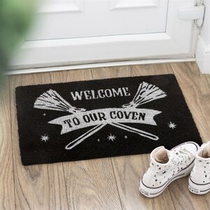 Black Coven Doormat with Silver Broomsticks Witchy Welcome Mat