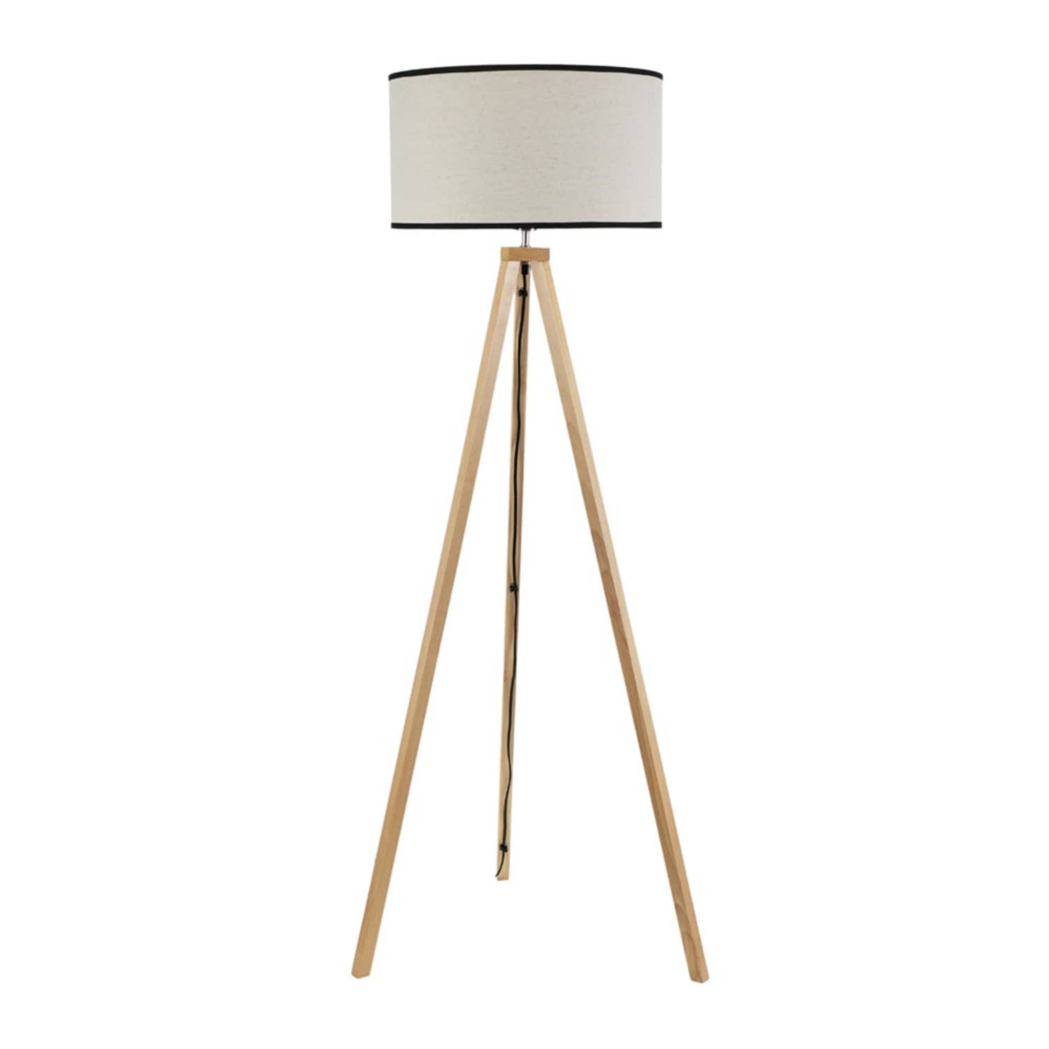 Valuelights Barbro Wood Tripod Floor Lamp With Natural Linen With Trim Drum Shade - Black / No - Black