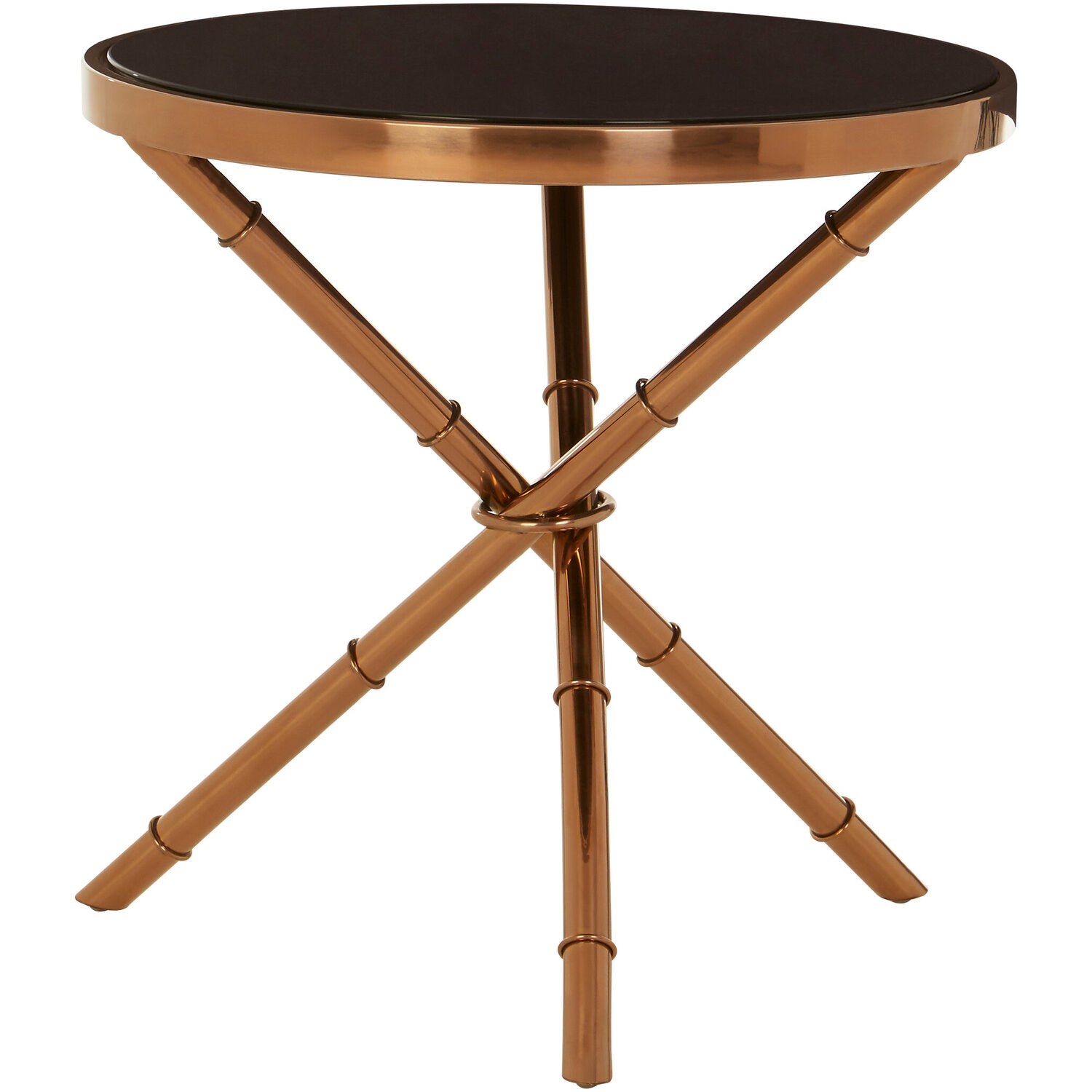 Alvaro Round Side Table with Rose Gold Legs and Black Glass Top - Gold