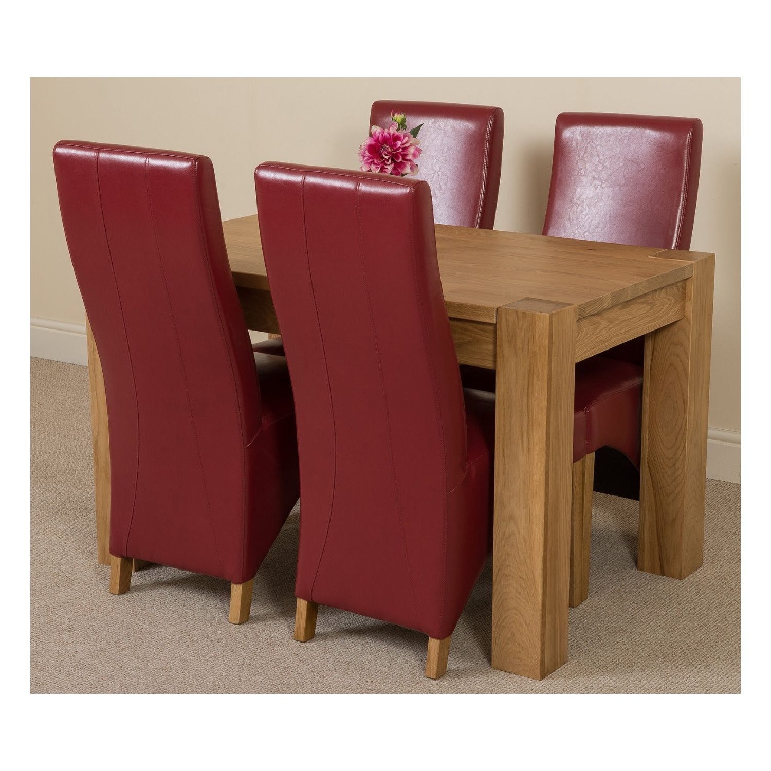 Thats Furniture Kuba 125 X 80 Cm Chunky Oak Small Dining Table And 4 Lola Leather Chairs - Red