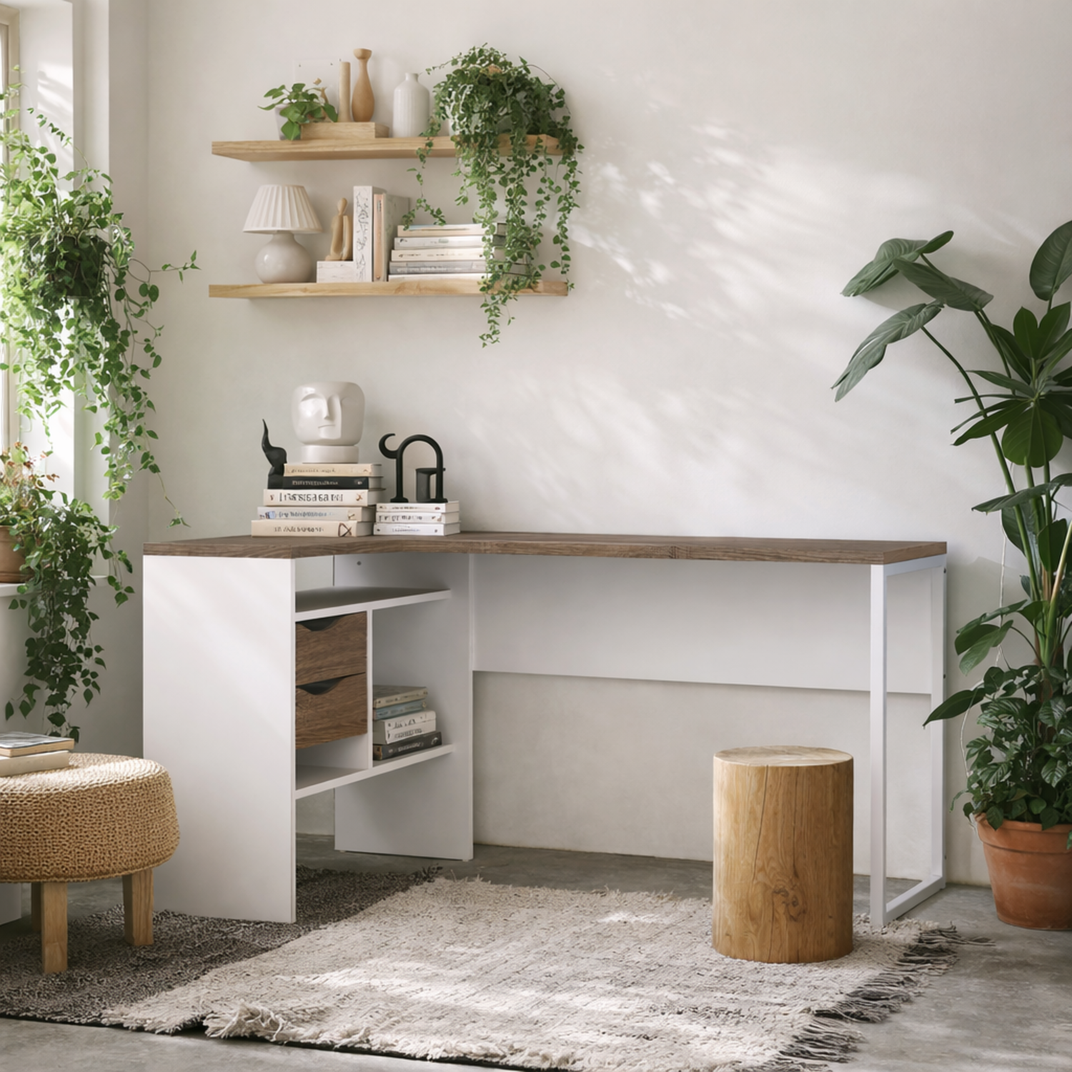 Billabong L Shaped Corner Desk and Truffle 2 Drawers - White and Truffle Oak