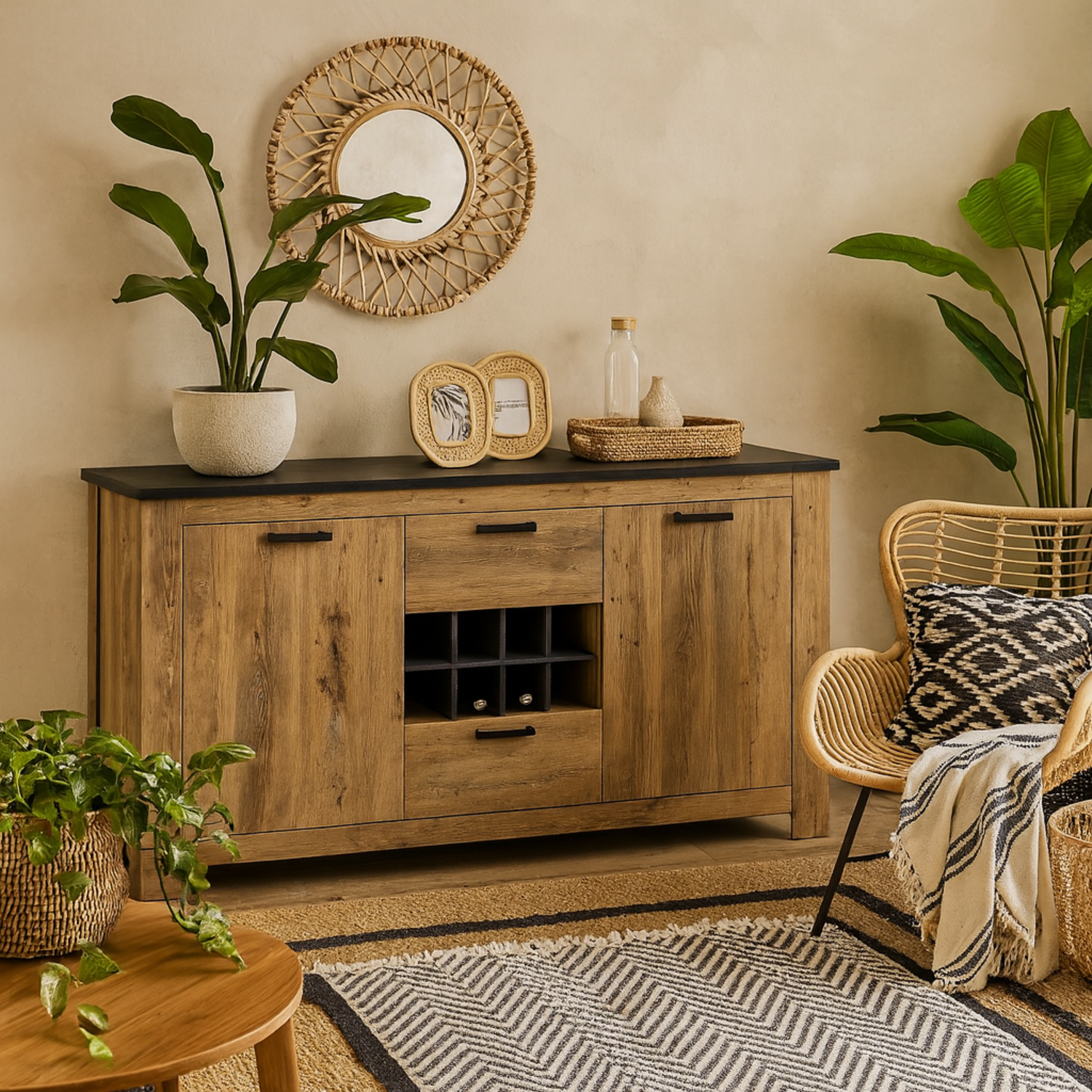 Juniper 2 Door 2 Drawer Sideboard in Chestnut and Matera with Wine Rack - Natural