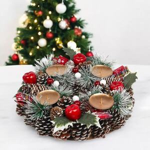 4 candles Christmas Wreath Candle Holder with Pinecones & Berries 27x27x8cm - Multicoloured