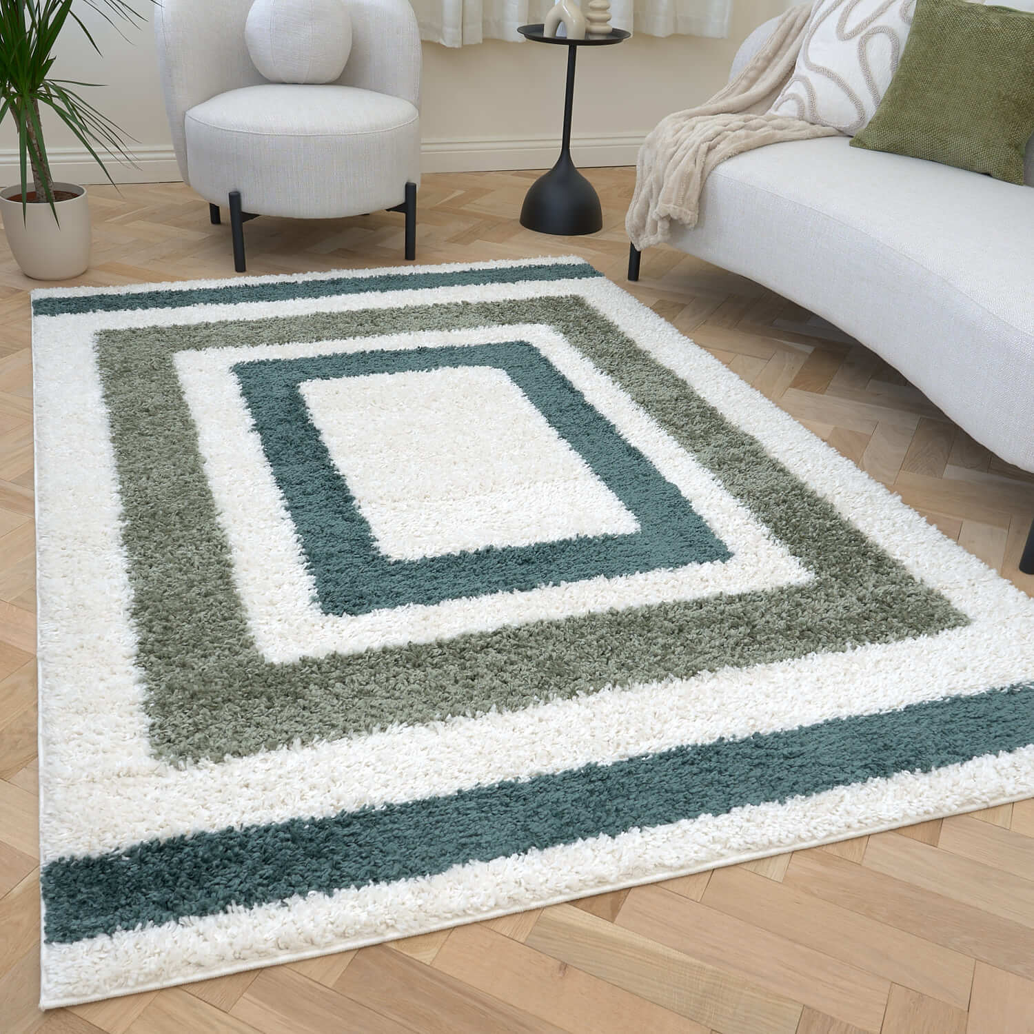 THE RUGS Moodi Border Design Shaggy Soft High Pile Living Room Rug & Runner in Green | Size: 200cm x 290cm - Image 3