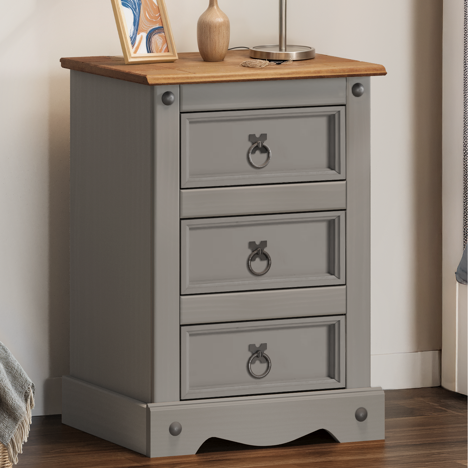 Corona Medium 3 Drawer Bedside Cabinet Solid Wood Pine Wooden - Grey