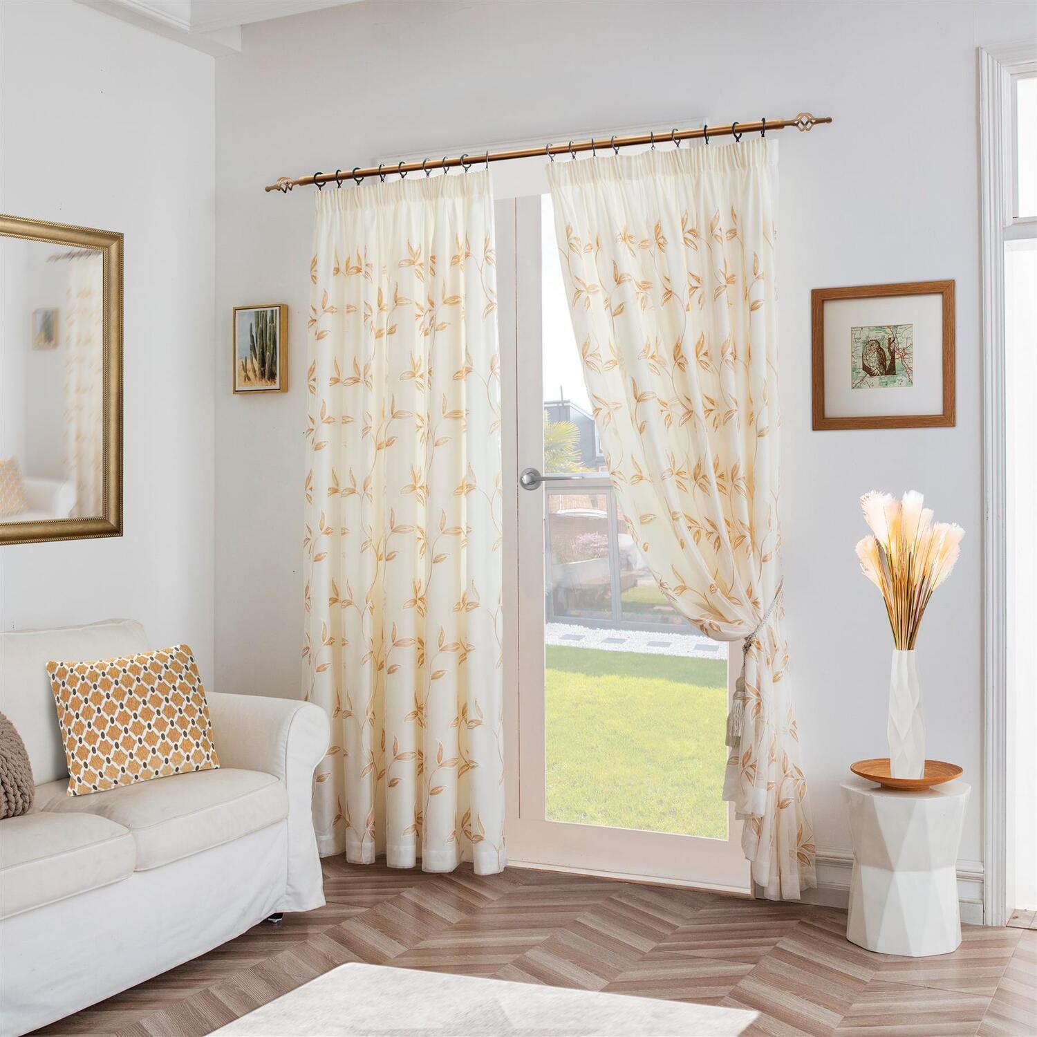 Leaf Embroidered Tulle Voile Curtains Pencil Pleat - Gold / 147cm / 137cm